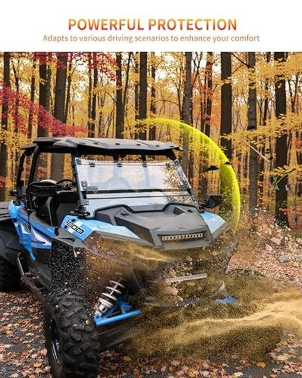 Installed flip-up windshield on UTV in outdoor driving scene with clear protective panel