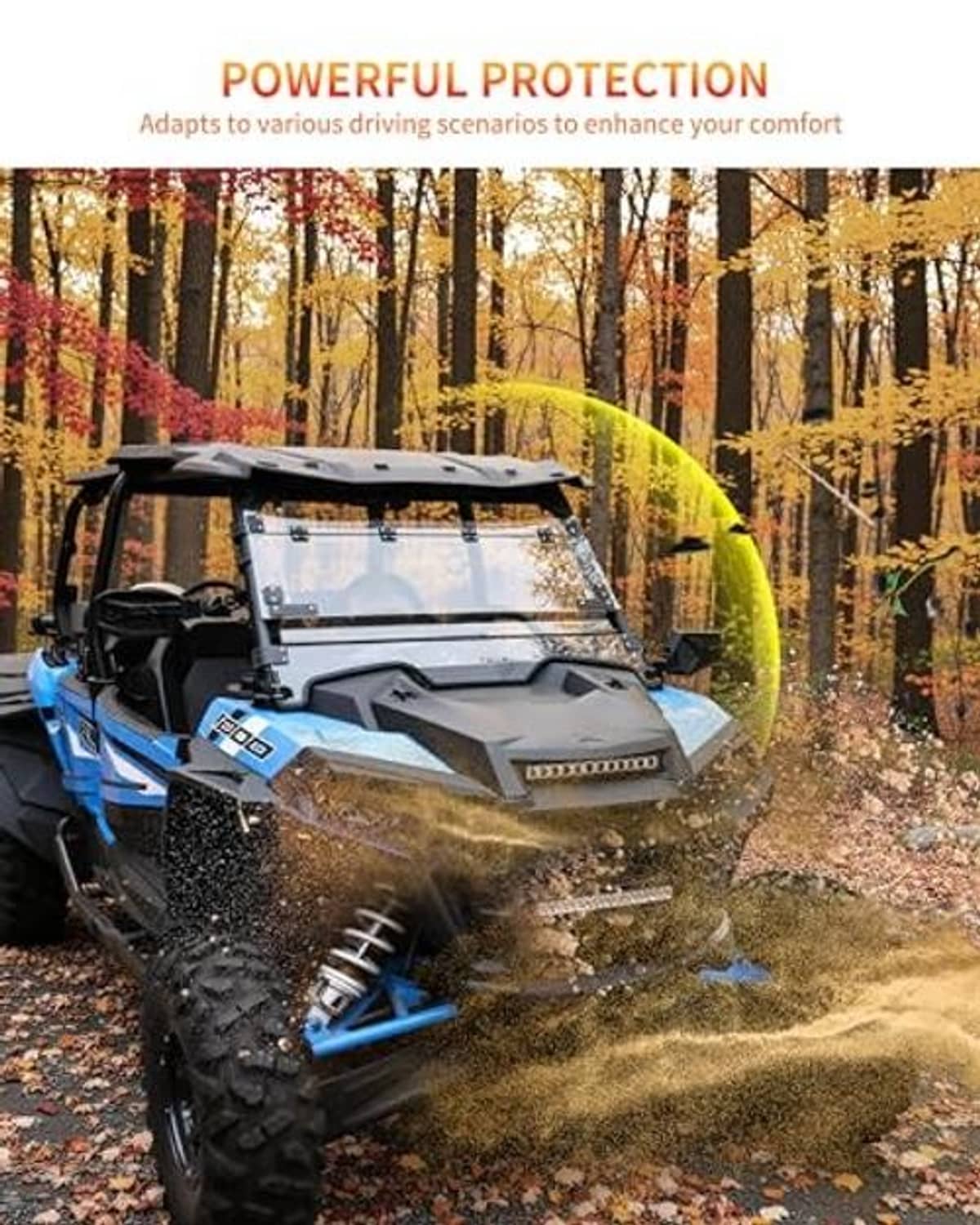 Installed flip-up windshield on UTV in outdoor driving scene with clear protective panel