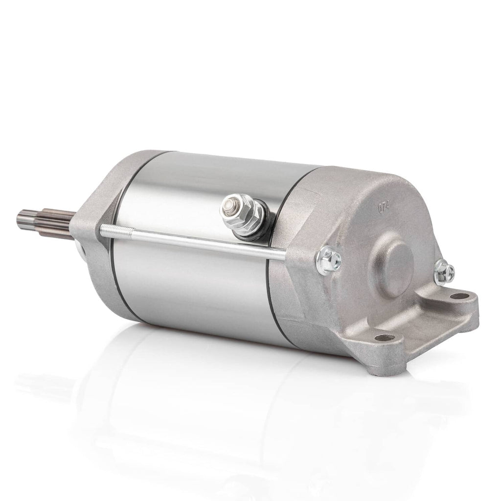 Starter motor with silver housing, mounting base, and top support strap