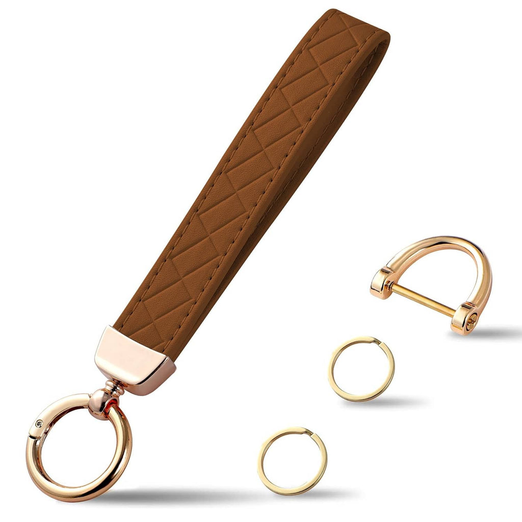 Brown quilted leather keychain strap with gold key rings and snap hook
