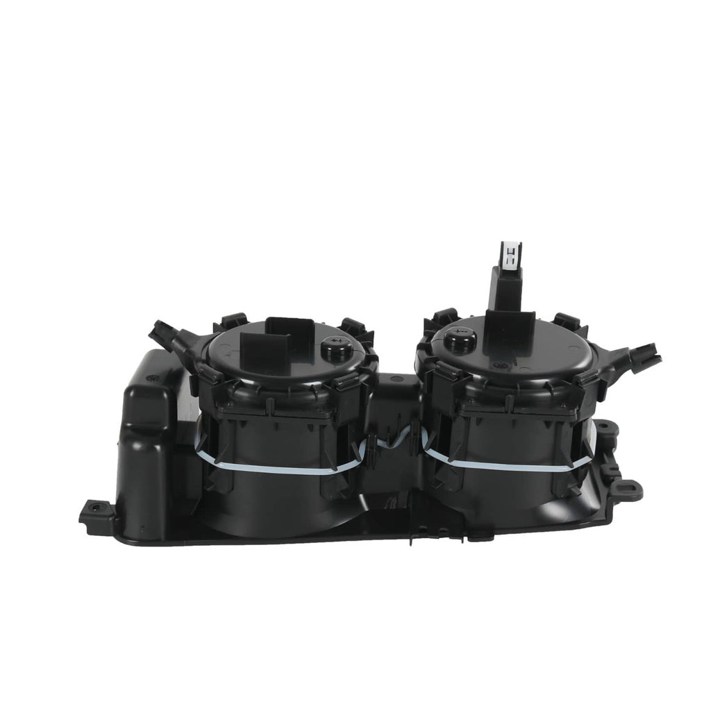 Black dual cup holder insert internal components with two round caps and brackets