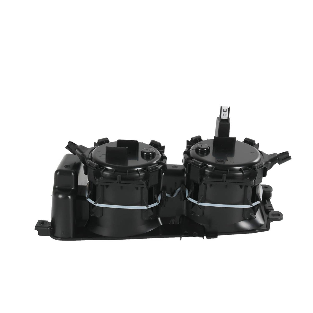 Black dual cup holder insert internal components with two round caps and brackets
