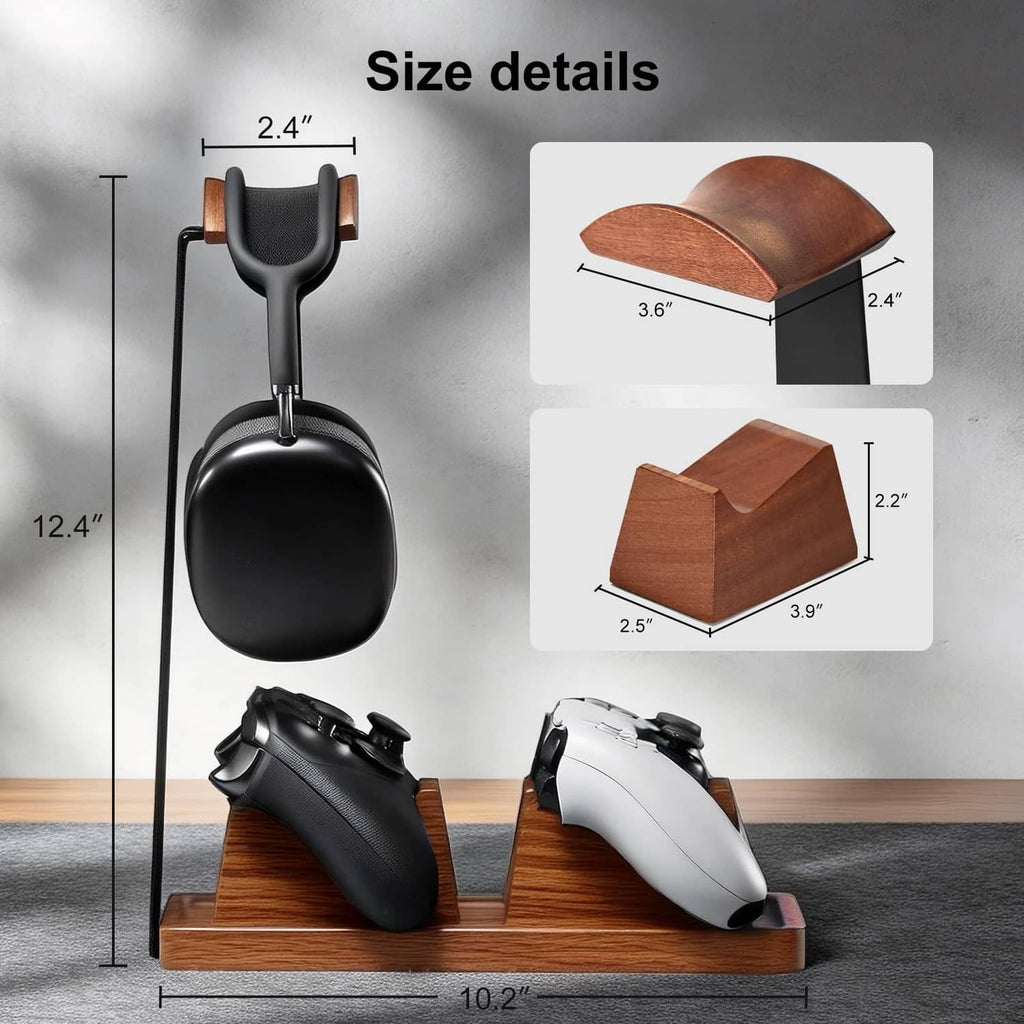 Headphone stand size details showing wood base, controller holders, and overall dimensions in inches