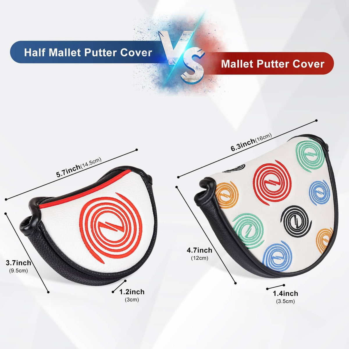 White half mallet putter cover with black trim and red spiral pattern, measurement graphic