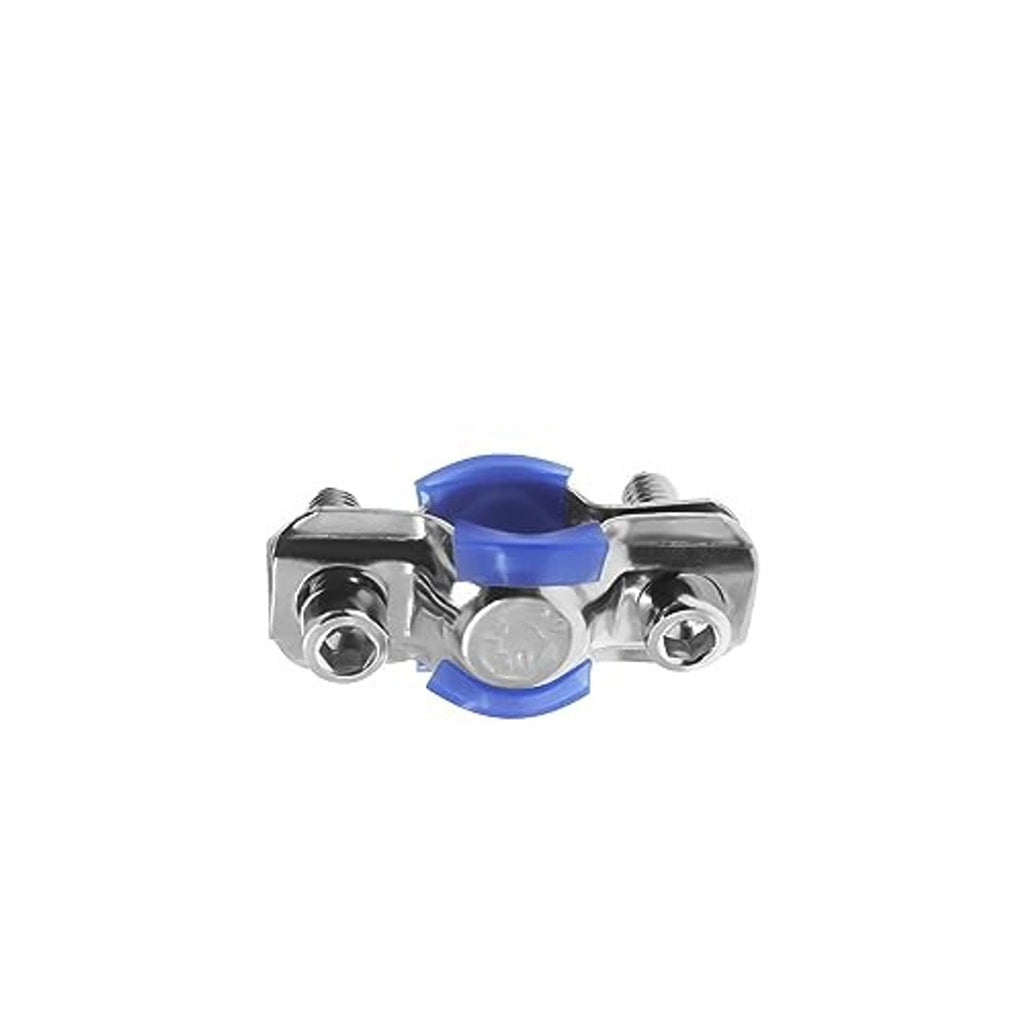 Split-ring pipe clamp front view with blue cushion, stainless bolts and hex heads
