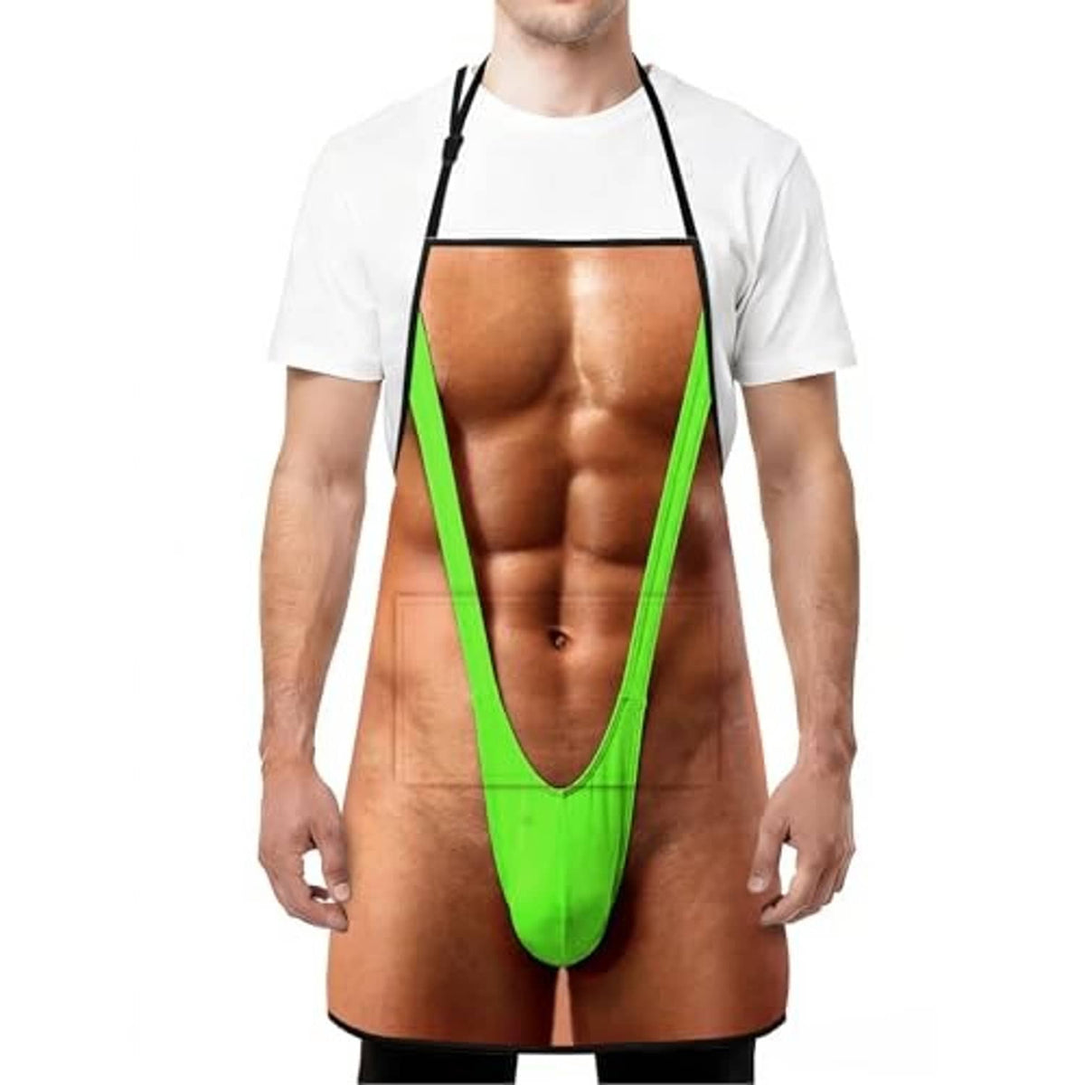 Novelty printed cooking apron with green trim and black neck straps, full front graphic