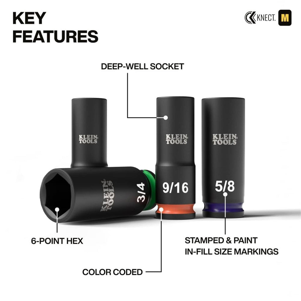Deep-well impact sockets with color-coded markings and 6-point hex socket ends