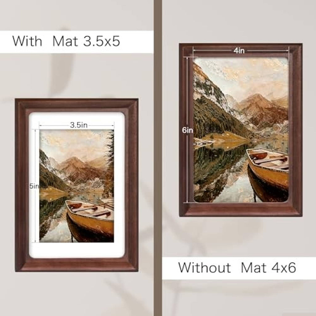 Walnut 4x6 photo frame with optional mat, showing with-mat and without-mat sizes.