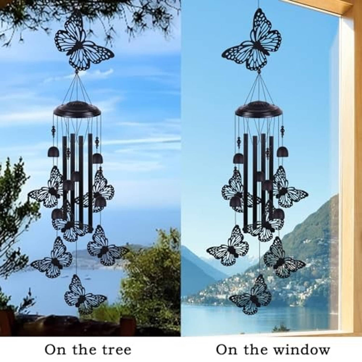 Black butterfly wind chime with hanging bars and butterfly ornaments for outdoor display