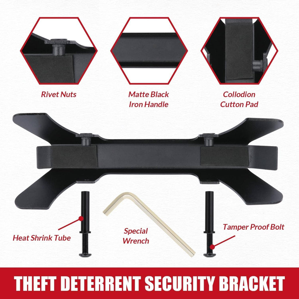 Black security bracket with included hardware: rivet nuts, heat shrink tube, tamper bolt