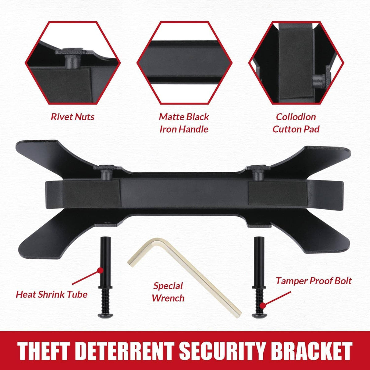 Black security bracket with included hardware: rivet nuts, heat shrink tube, tamper bolt