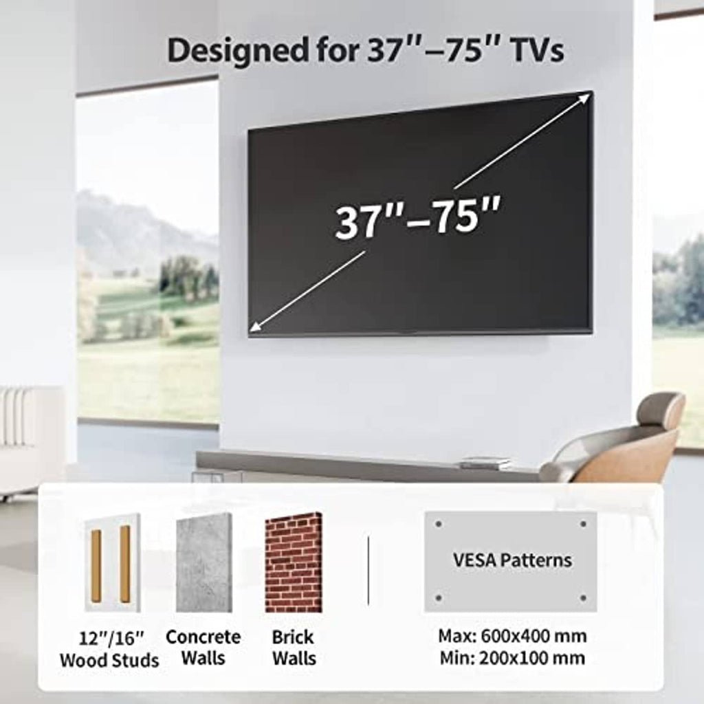 TV wall mount bracket with VESA plate and 37–75 inch compatibility graphic