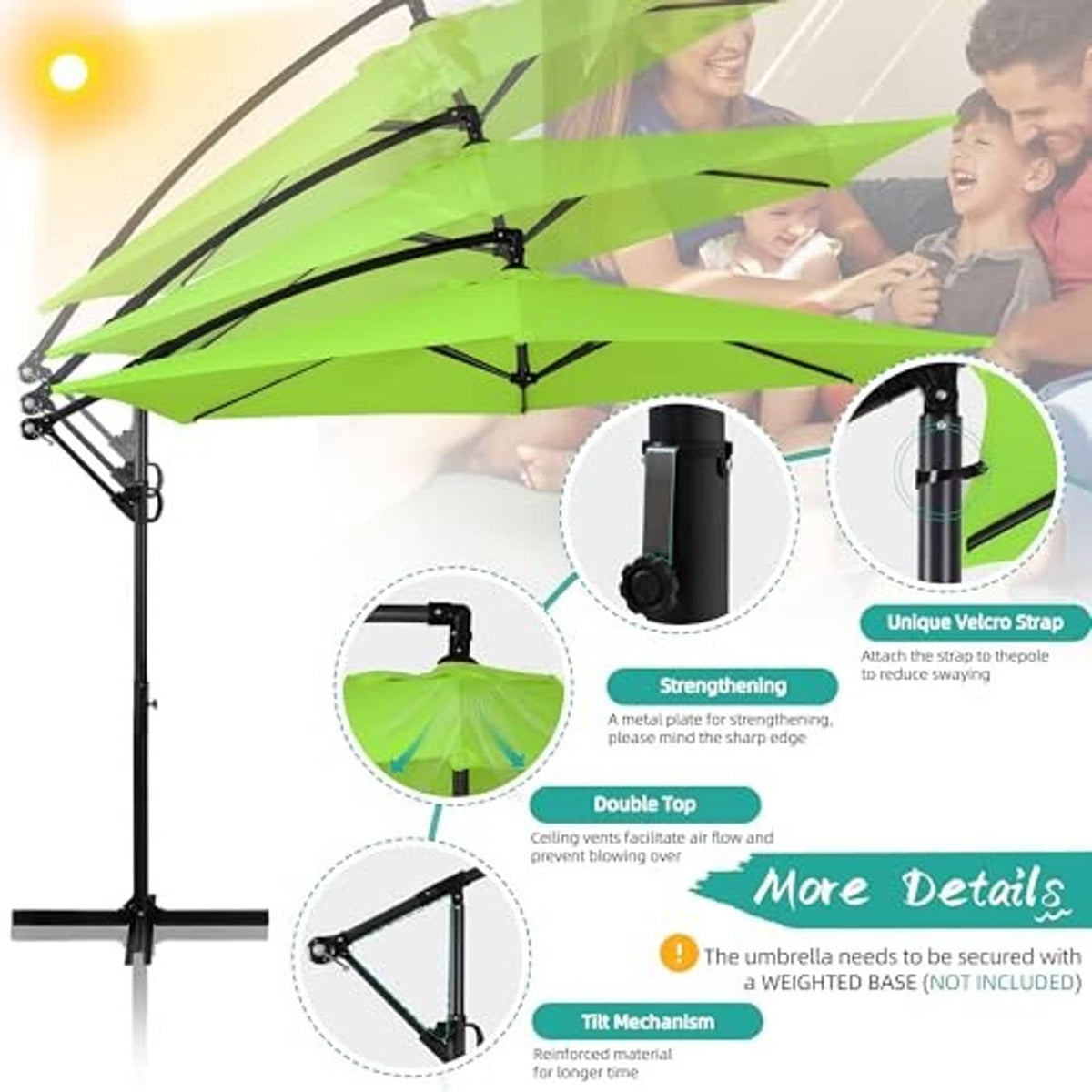Olive offset patio umbrella with tilt crank handle and reinforced hub detail