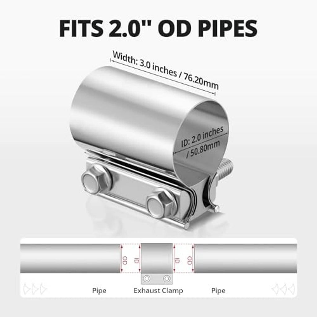 Stainless steel exhaust clamp sleeve coupler for 2.0-inch OD pipes, silver metal