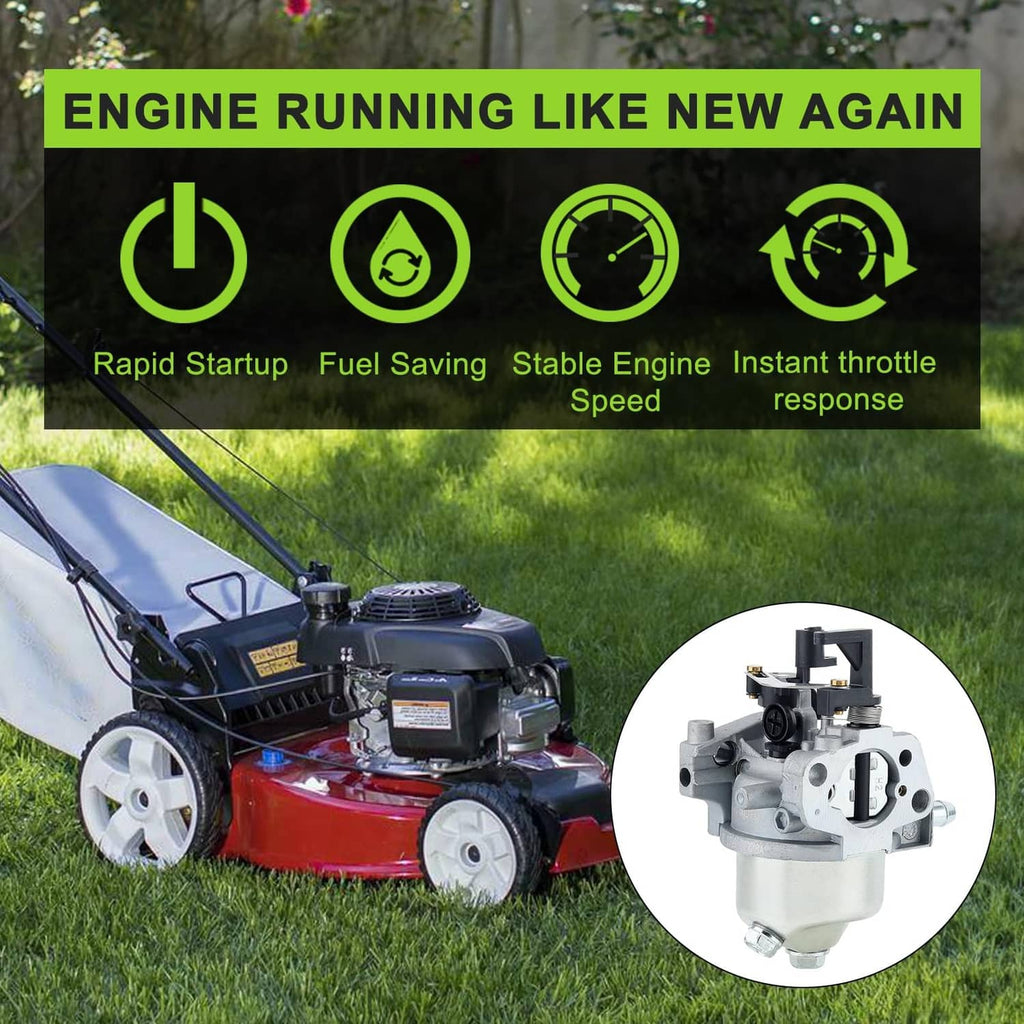 Carburetor kit for lawn mower engine with close-up inset of the carburetor