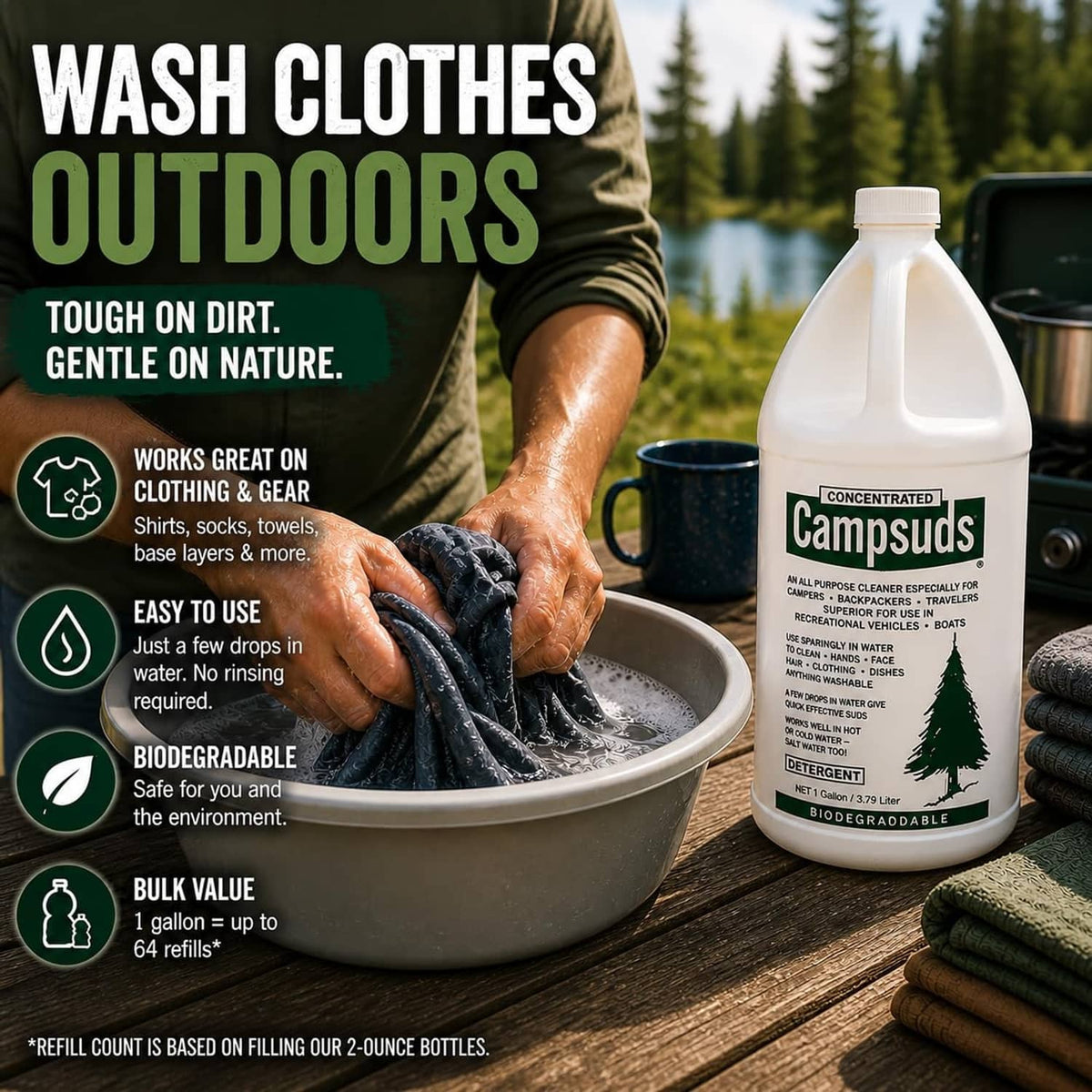 Concentrated Campsuds biodegradable camping soap bottle for washing outdoor clothing