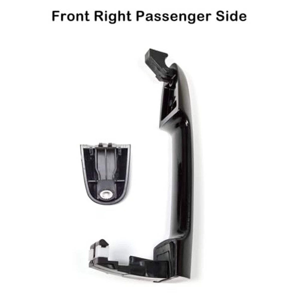Front right exterior door handle bracket and inner housing, dark plastic.