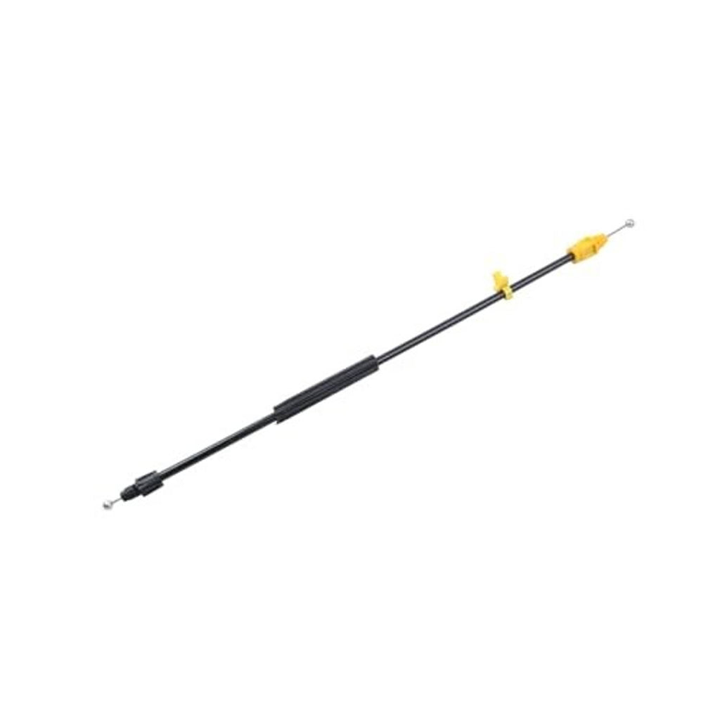 Door latch cable with yellow end terminals and black sheath, straight view with fittings