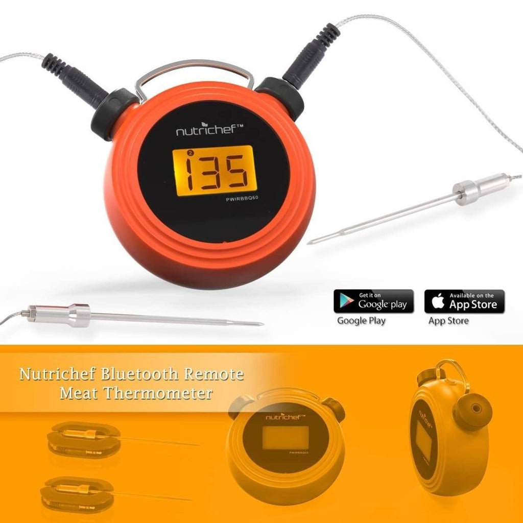 NutriChef Bluetooth remote meat thermometer with orange display and attached stainless probe