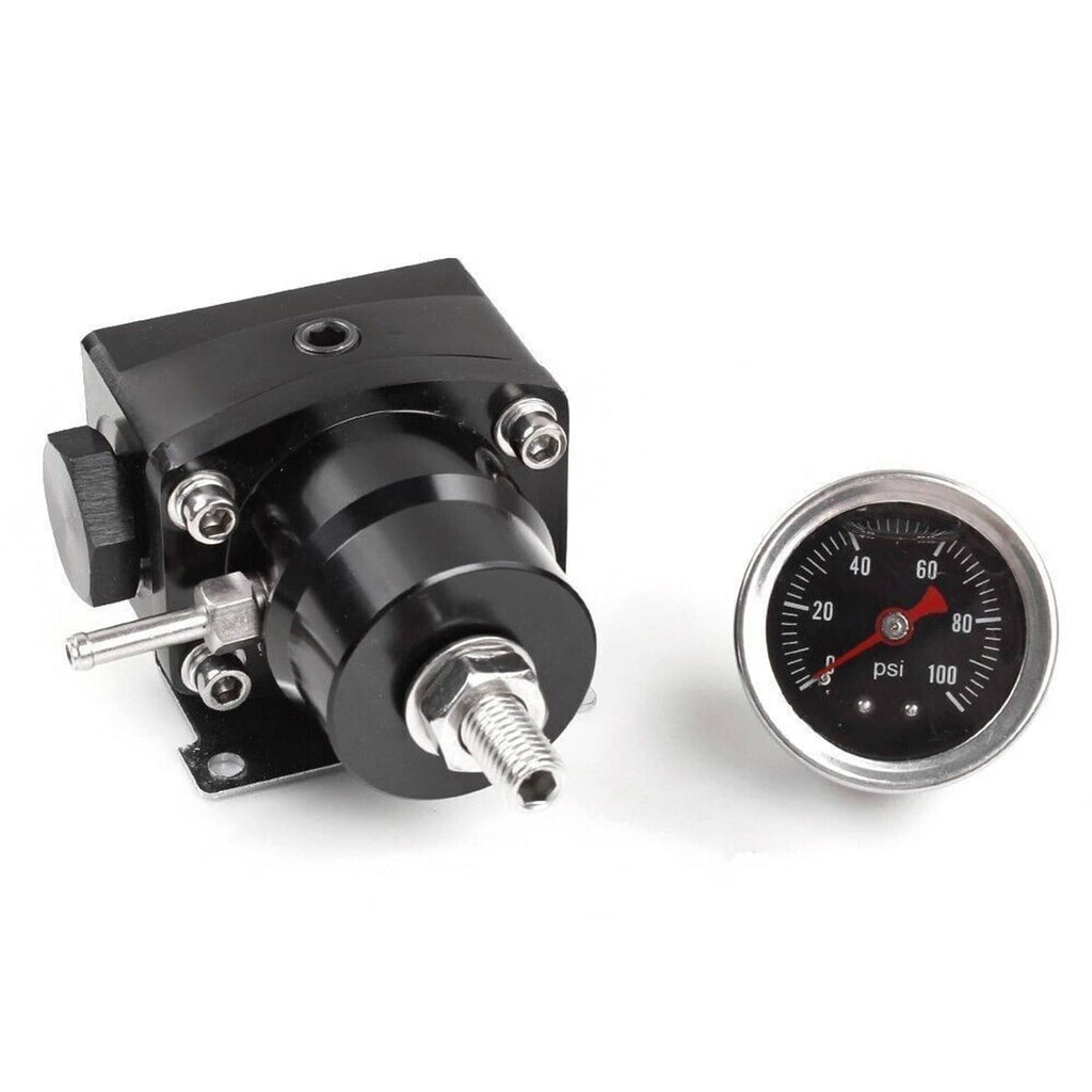 Black fuel pressure regulator with 0–100 psi gauge and inlet/outlet connection