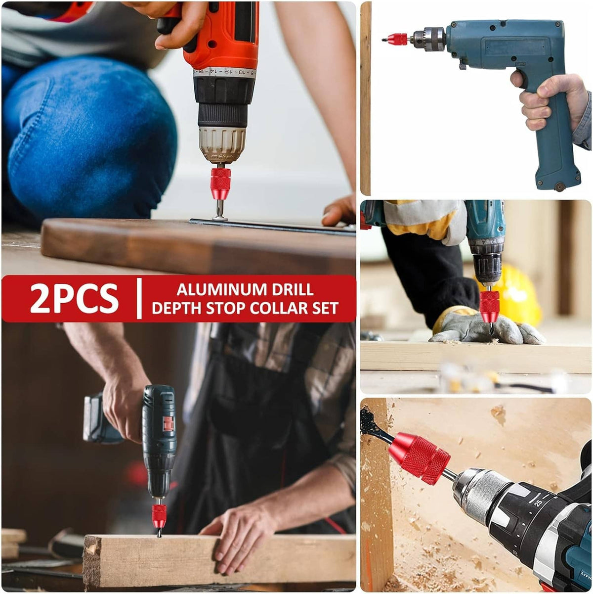 Two-piece aluminum drill depth stop collar set used on wood with a drill
