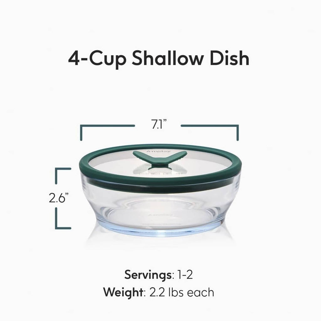 Round clear glass storage dish with dark green silicone lid, 4-cup shallow design