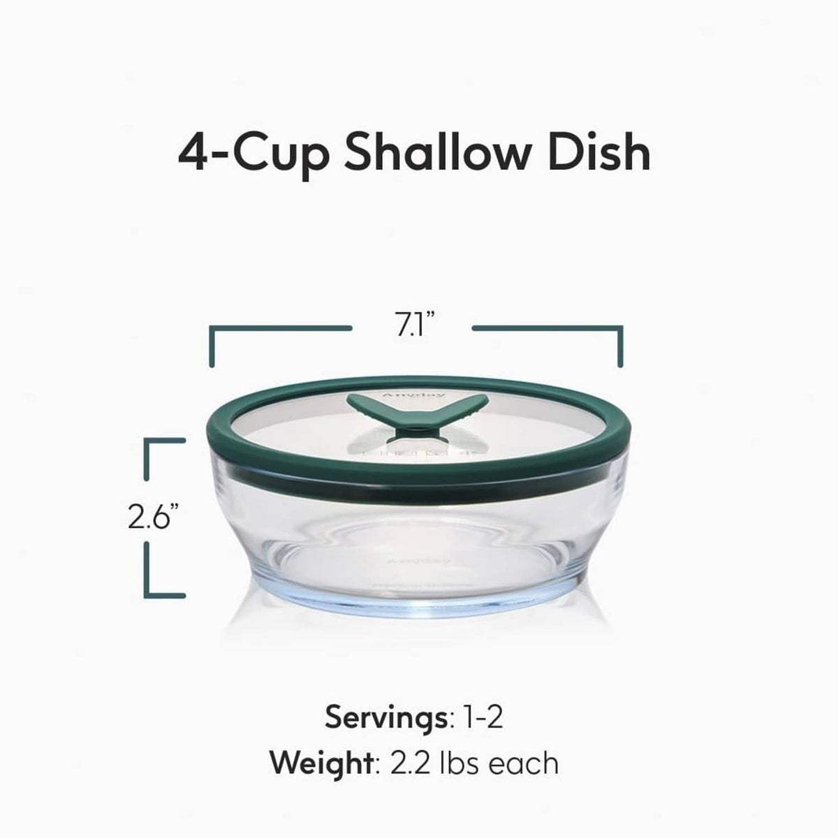 Round clear glass storage dish with dark green silicone lid, 4-cup shallow design