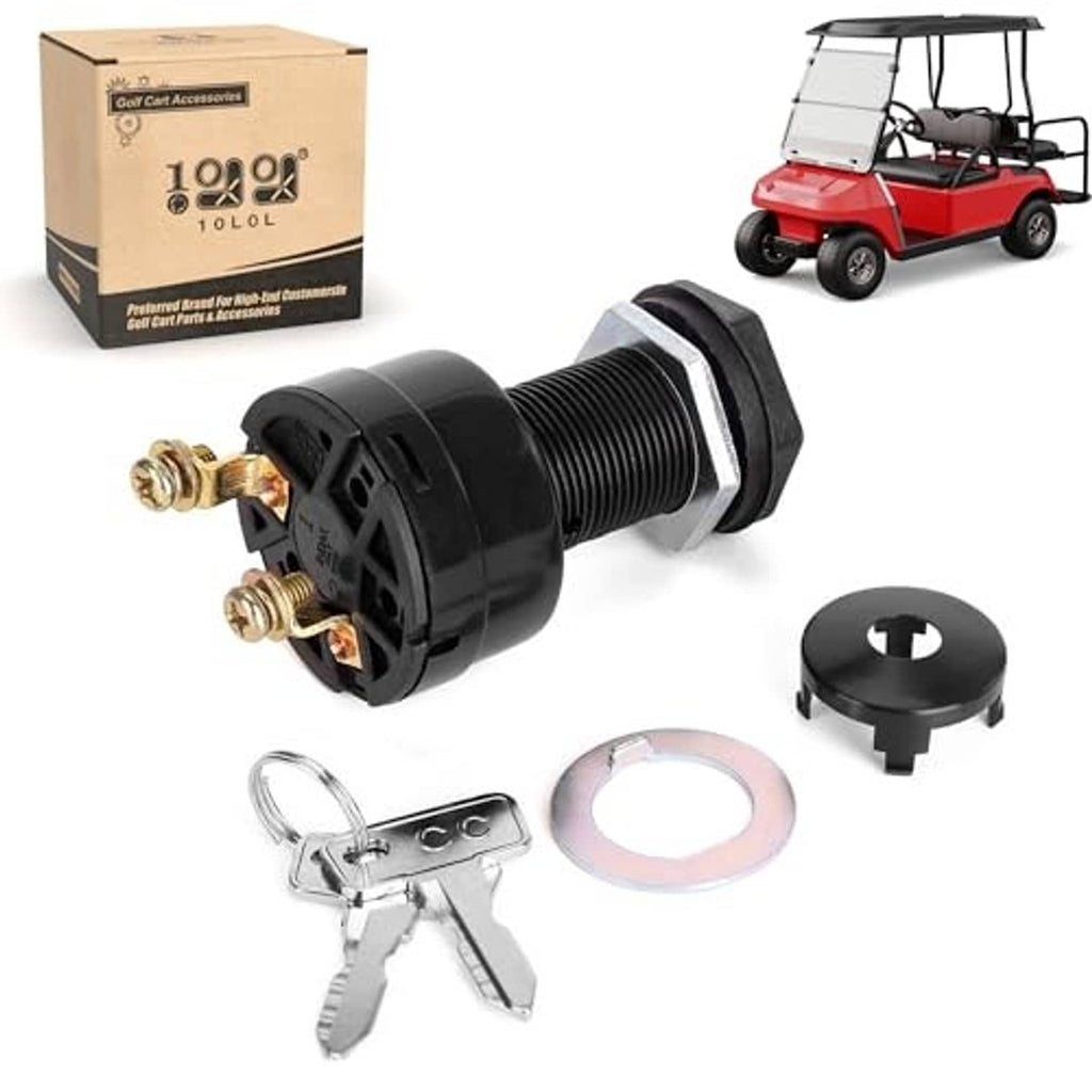 Black 2-pin ignition switch cylinder with key, metal ring, and mounting cover cap