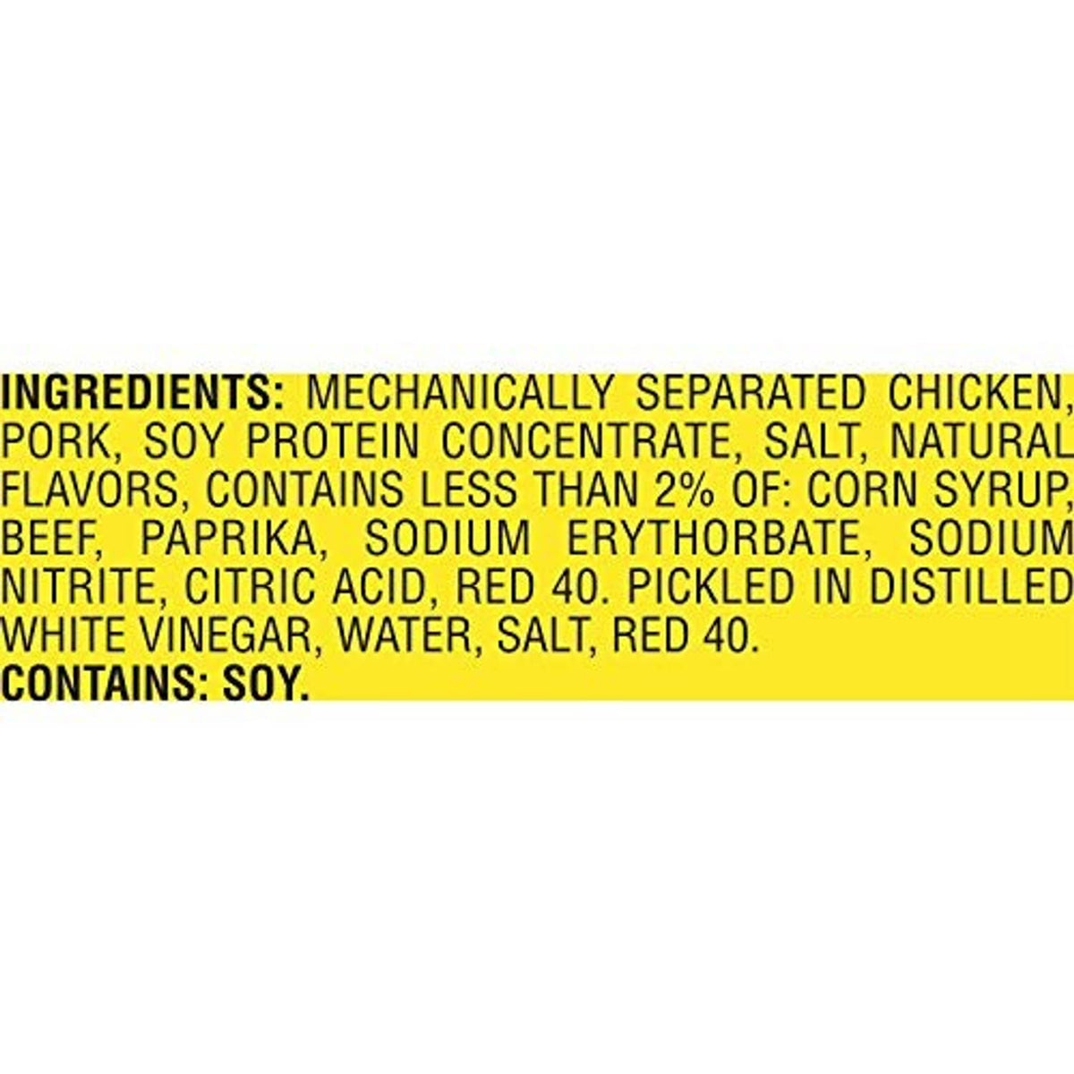 Ingredients list for mechanically separated chicken, pork, and pickled sausage