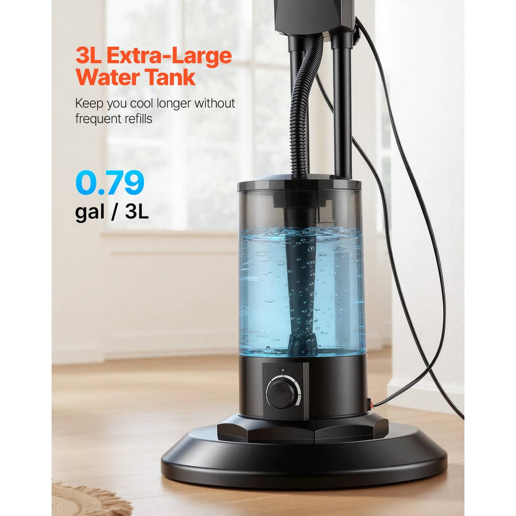 Standing misting fan with large transparent 3L water tank and power base