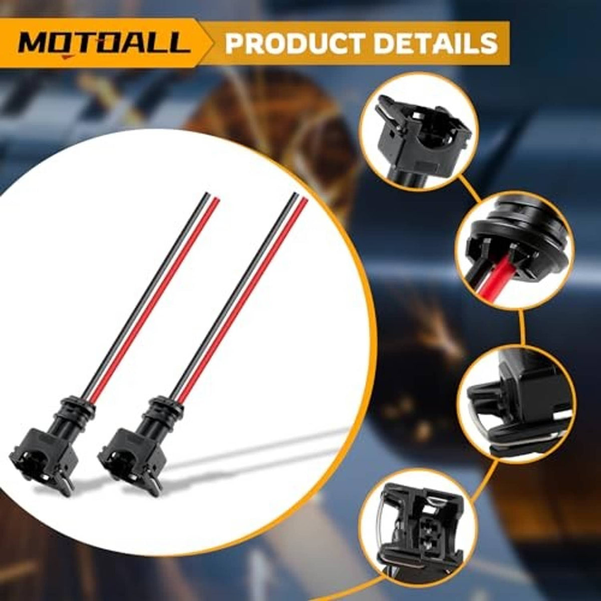 Fuel injector pigtail connector set with red and white wires and black plug ends