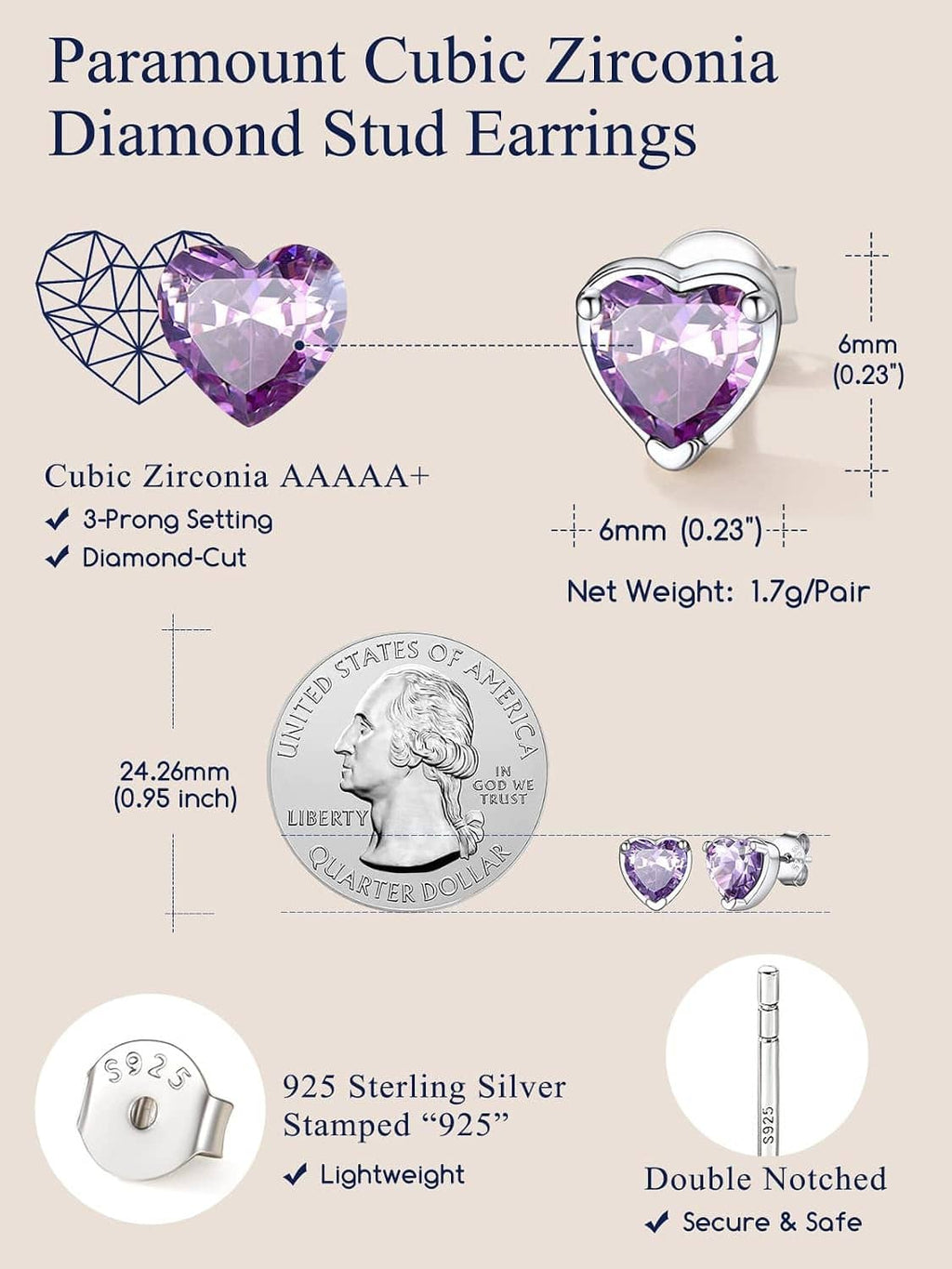 925 sterling silver heart stud earrings with purple cubic zirconia gemstone