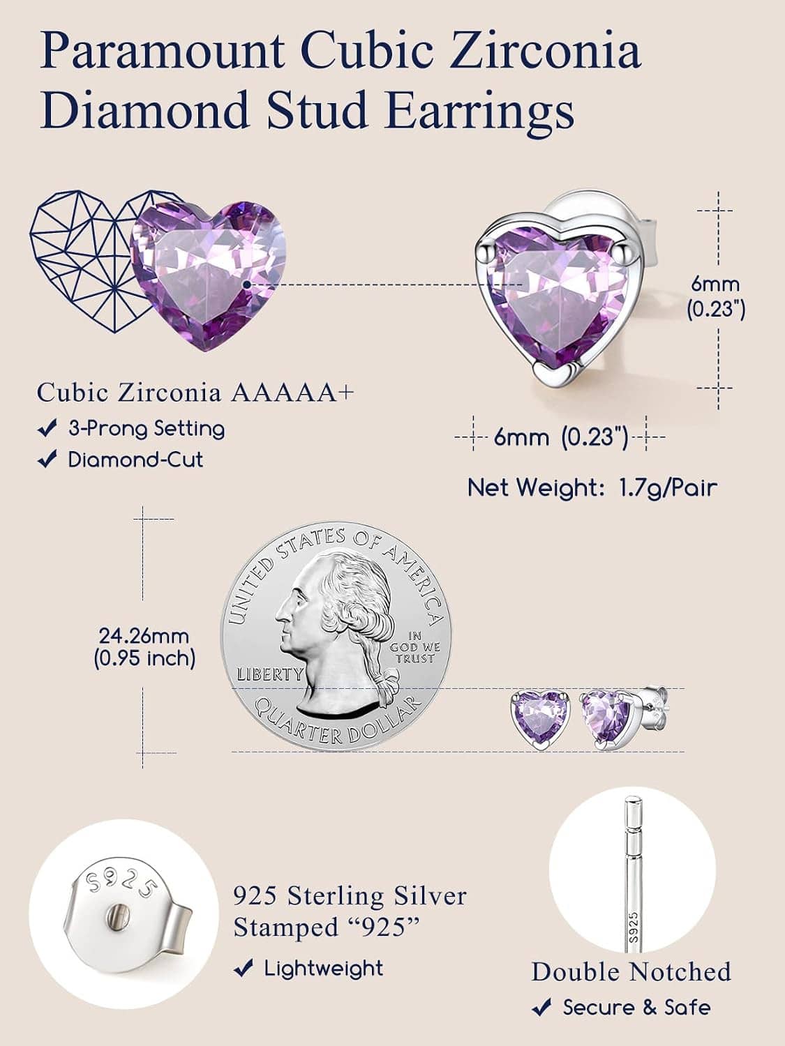 925 sterling silver heart stud earrings with purple cubic zirconia gemstone