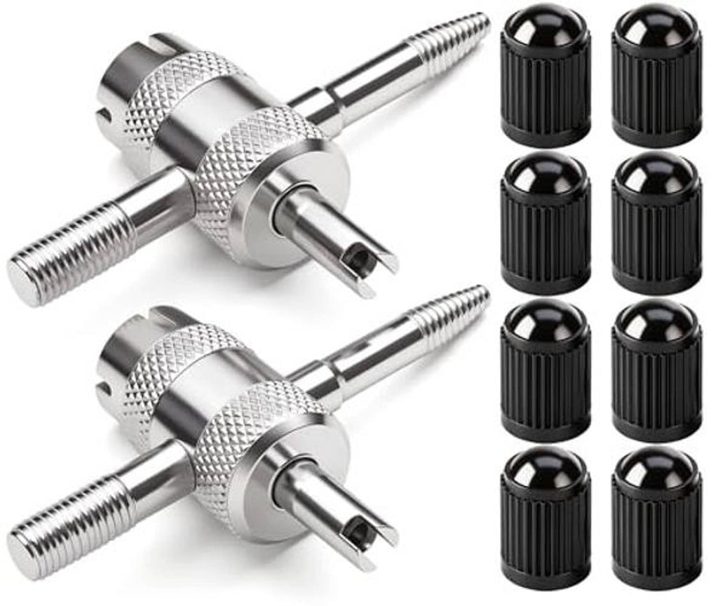Tire valve core tool kit with two silver tools and eight black valve stem caps