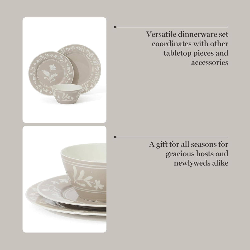 Taupe and white dinnerware set with plates and bowls, floral medallion design