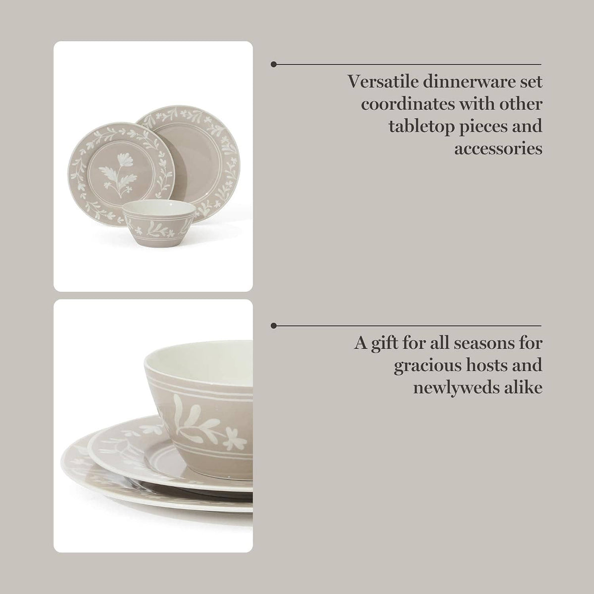 Taupe and white dinnerware set with plates and bowls, floral medallion design