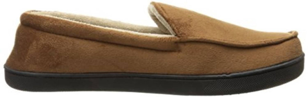 Cognac microsuede moccasin slipper with stitched vamp and black sole edge