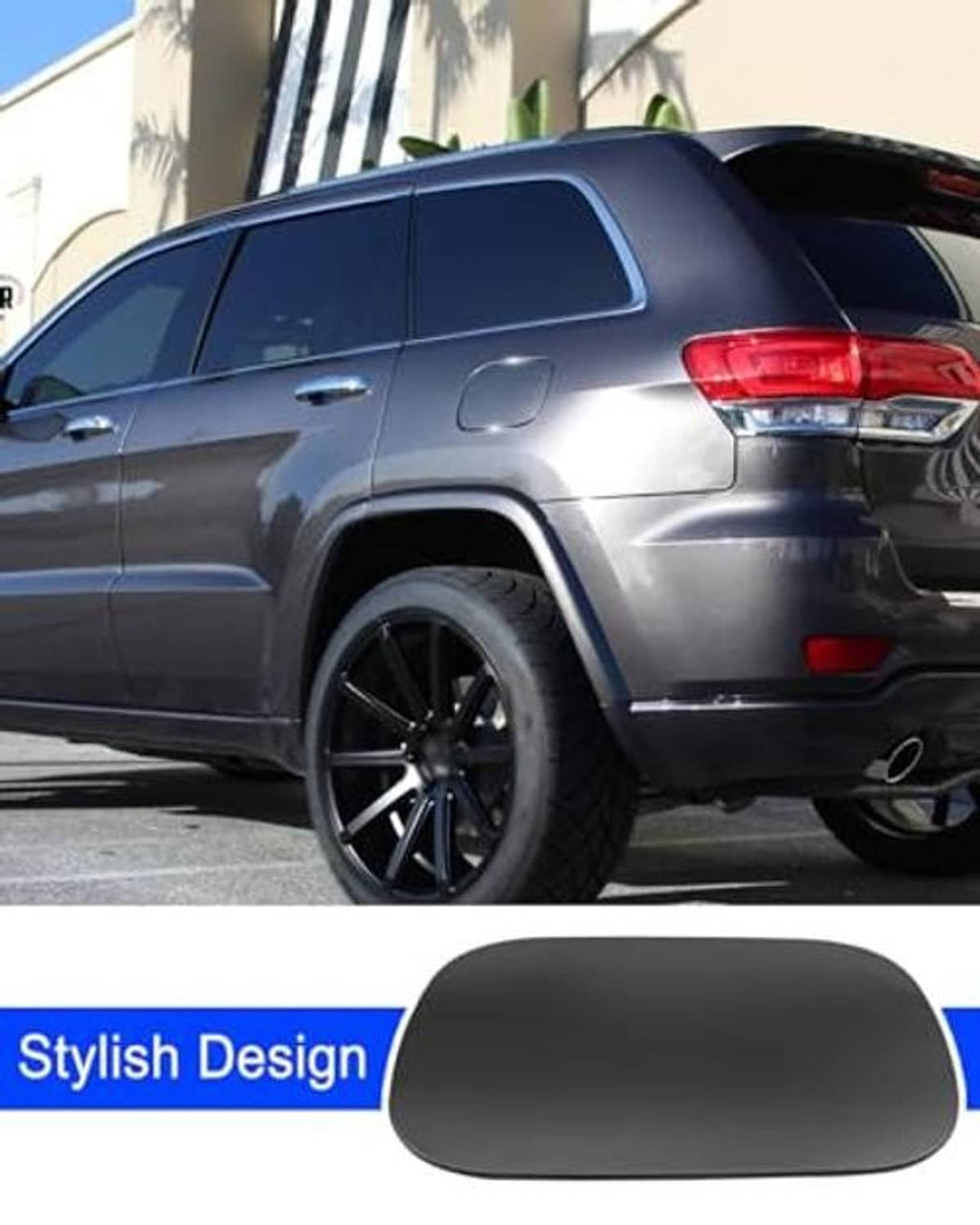 Fuel tank cap cover on vehicle fuel door, matte black oval