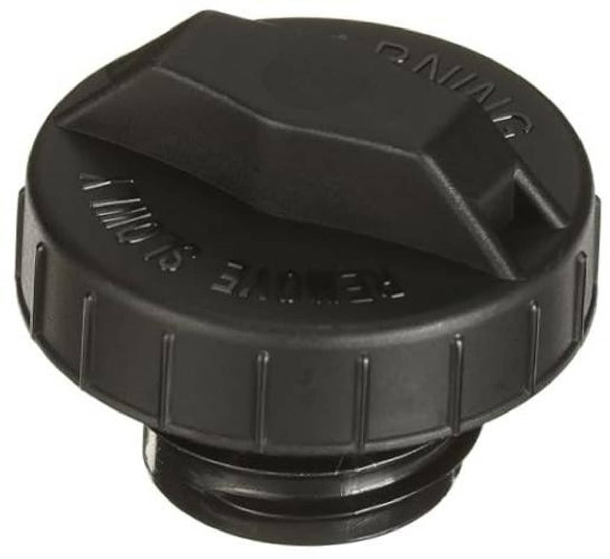Black fuel tank cap with molded warning text and locking tabs, OE-style replacement