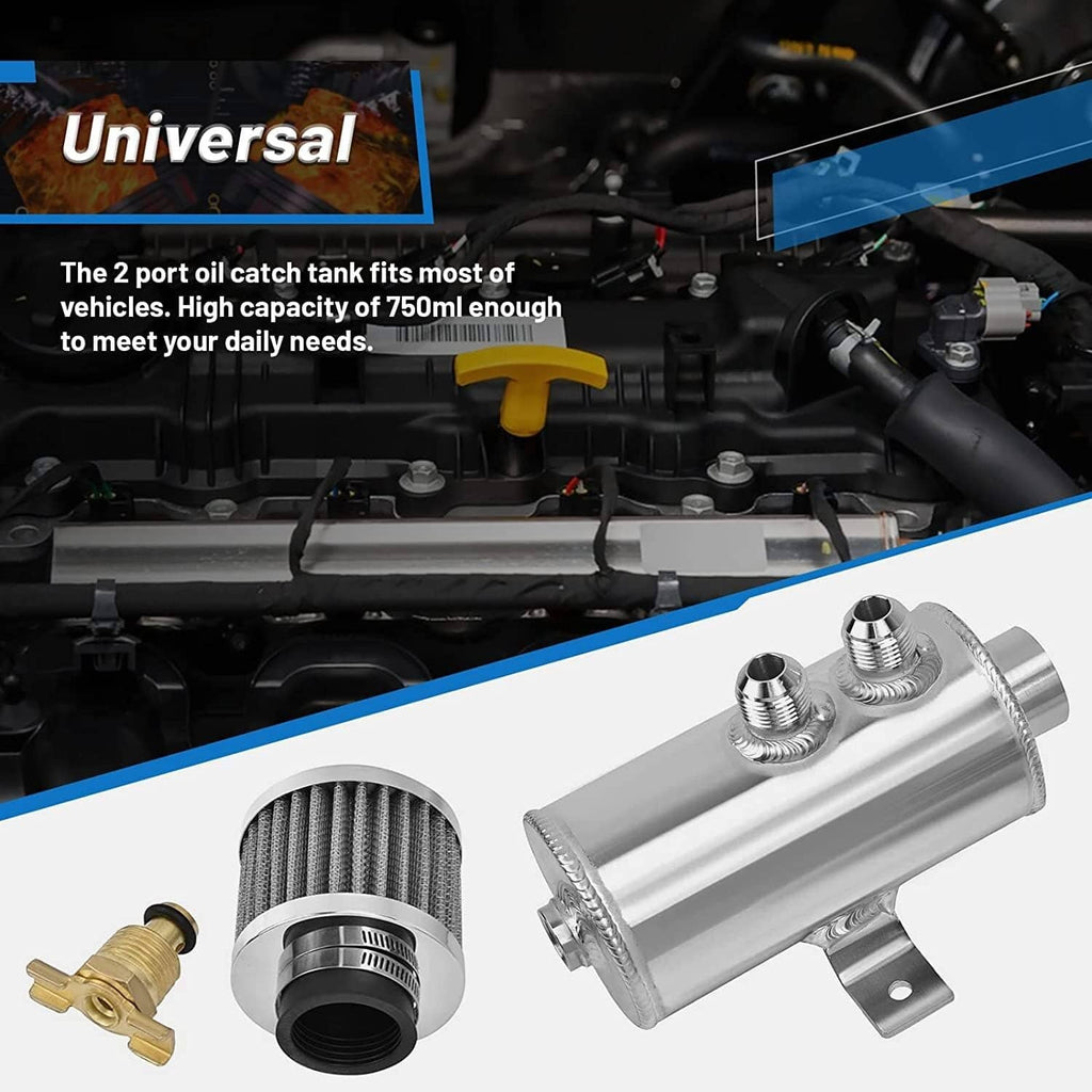 Aluminum oil catch can reservoir with breather filter and two threaded inlet ports