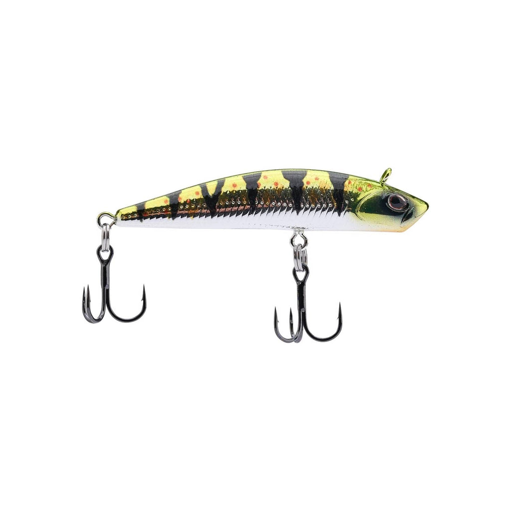 Chrome fishing lure with double treble hooks, yellow-green speckled body and black stripes
