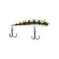 Chrome fishing lure with double treble hooks, yellow-green speckled body and black stripes