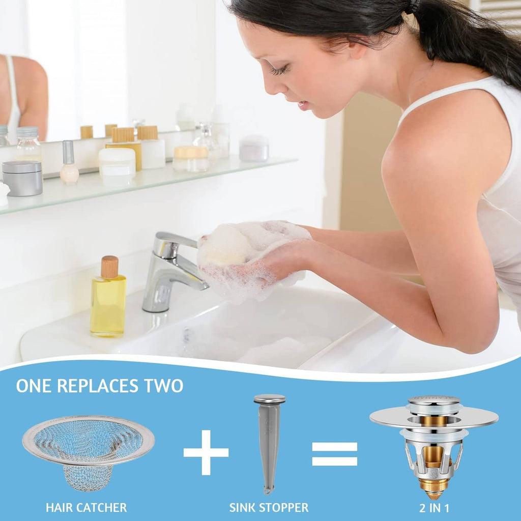 Chrome bathroom sink hair catcher stopper installed in the drain opening