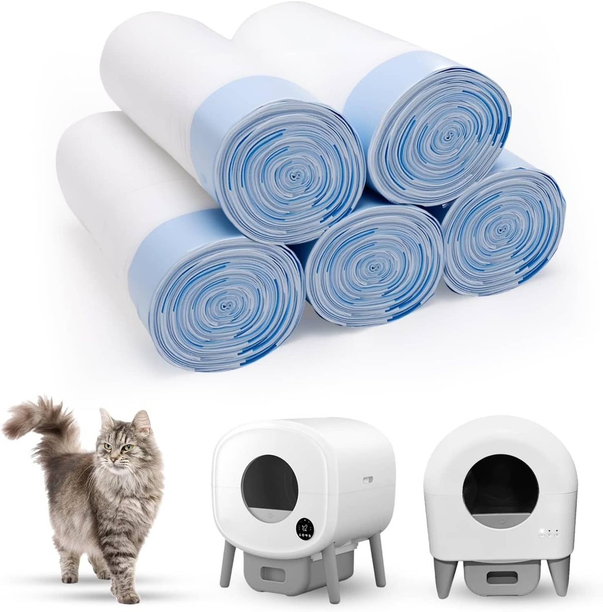 Blue cat litter box liners, rolled packs with white backing, 26 in length