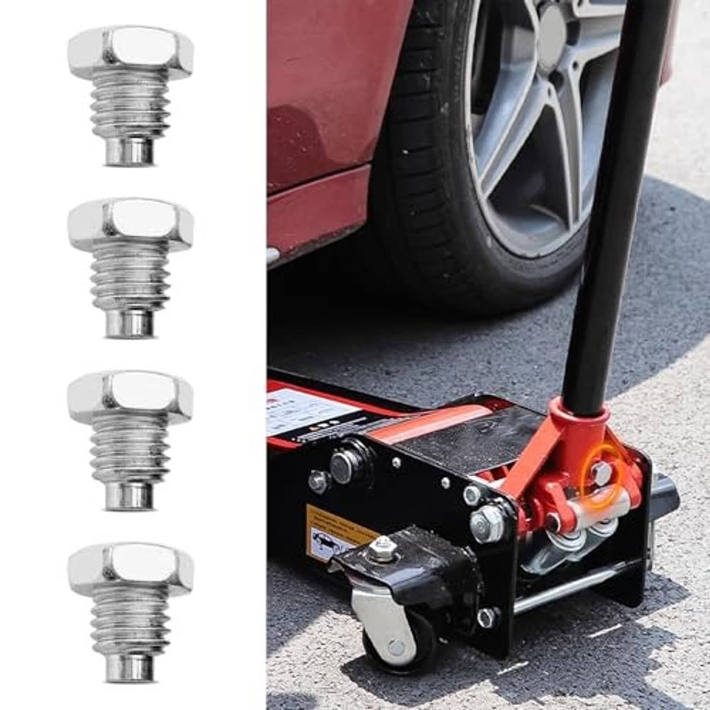 Four silver hex-head threaded jack bolts shown beside a car floor jack handle