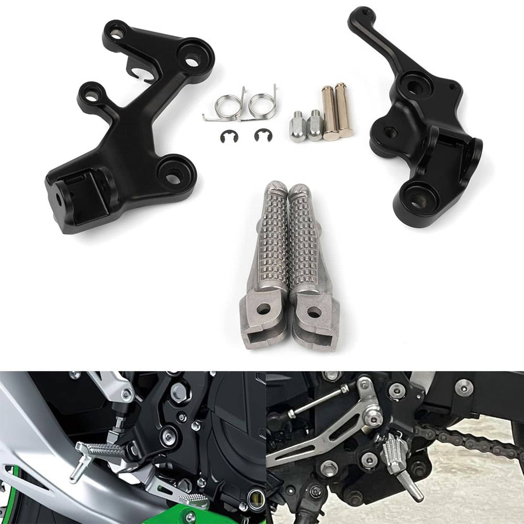Set of black rider footpeg mounts with textured silver pegs and included hardware.