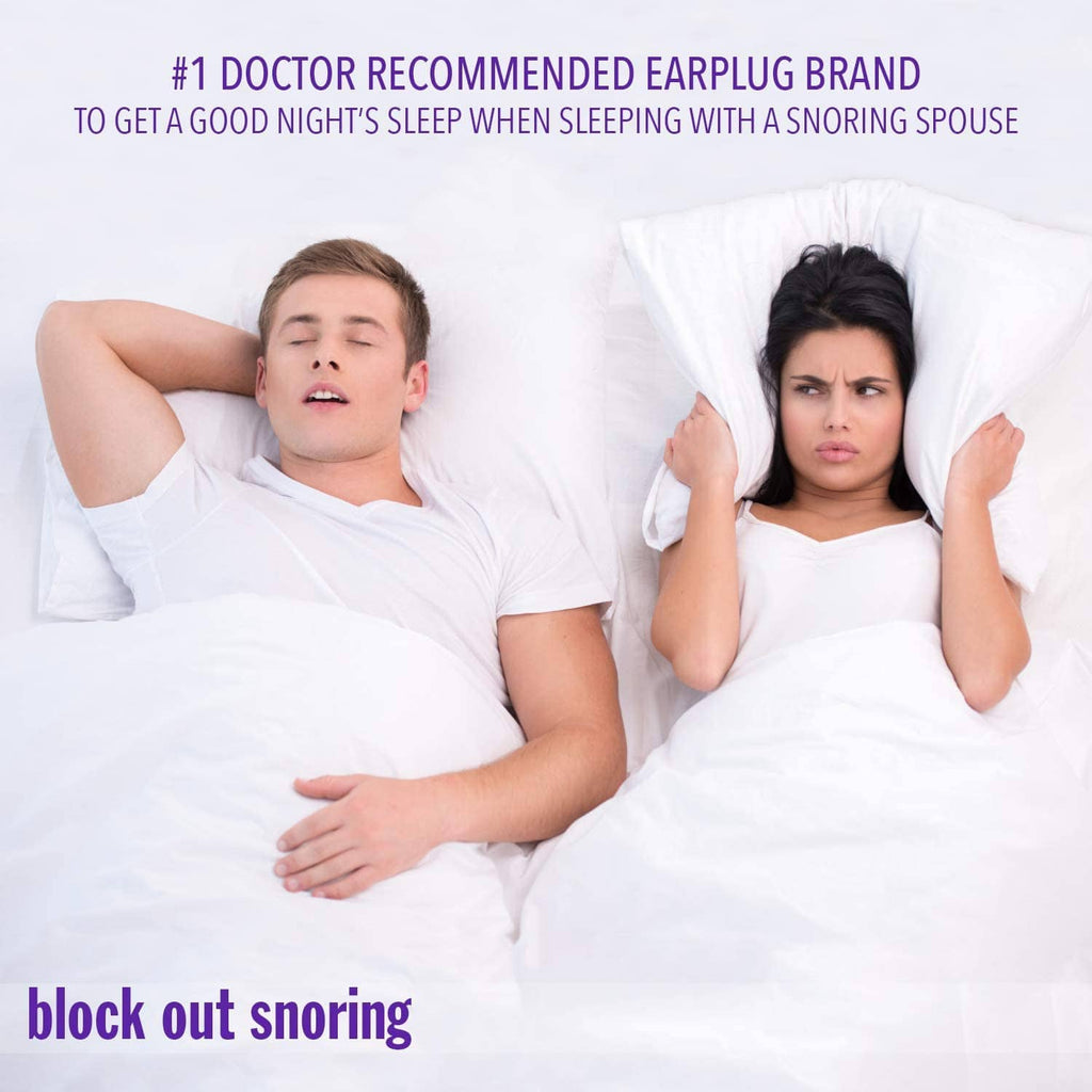 Sleep promotion showing earplugs used for quieter nights, people resting in bed