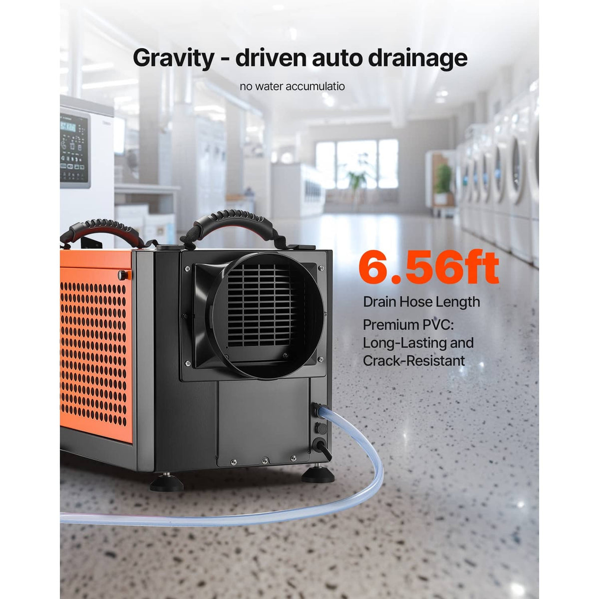Commercial dehumidifier with gravity-driven auto drainage and blue drain hose