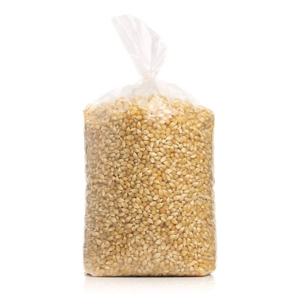 Bag of light popcorn kernels, tied at the top for popping