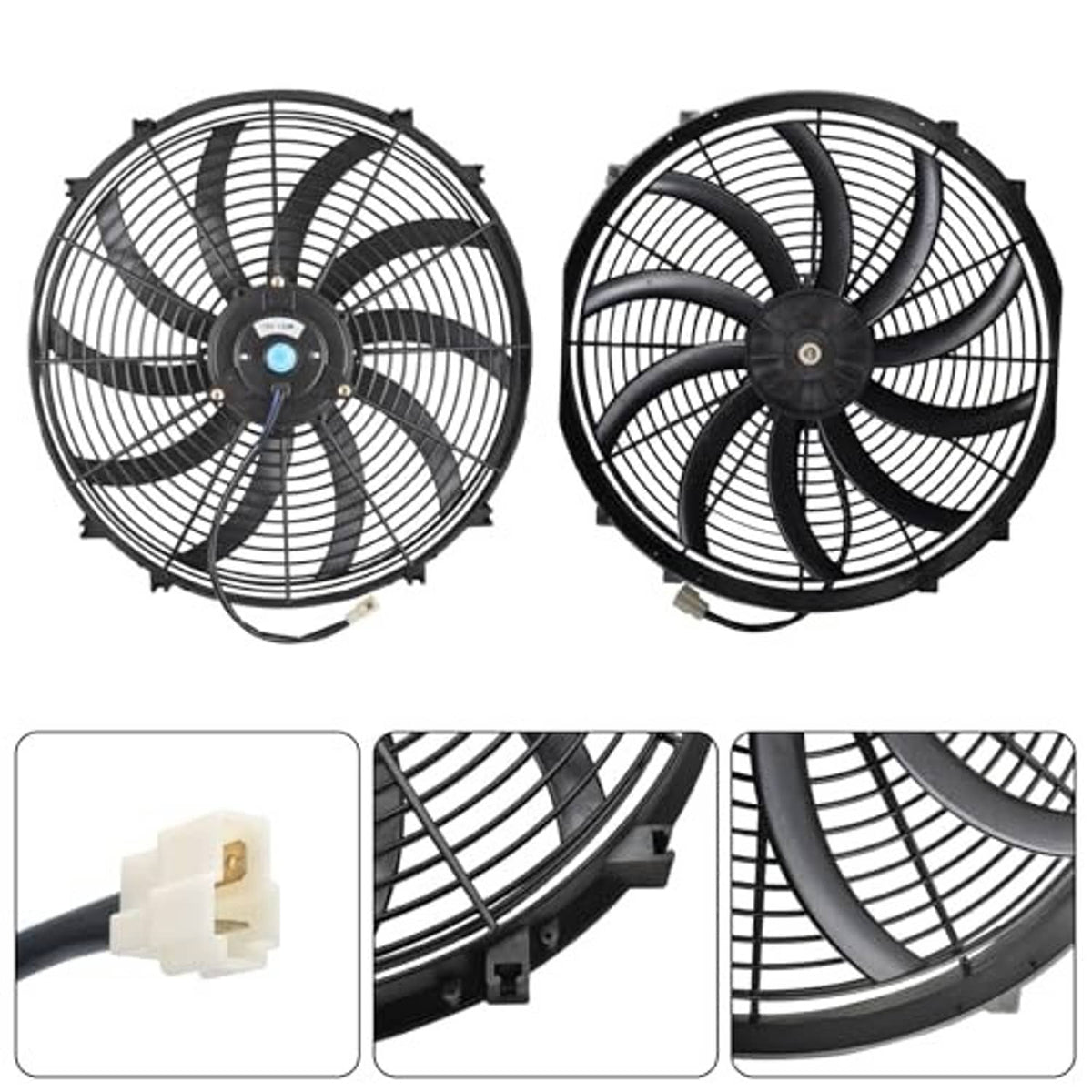 16-inch electric radiator cooling fan with black blades, two views and wiring connector.